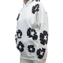 Teras Kadın Beyaz Kapüşonlu Owersize Üç Iplik Şardonlu Çiçek Baskılı Sweat Shirt Ksk-Dnm
