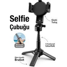 Feyza Design Kablosuz Bluetooth Selfie Çubuğu, Manyetik Tripod ile Siyah Renk