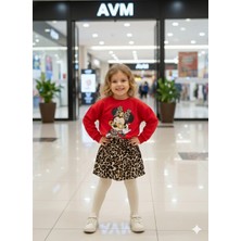 Harby Minnie Mouse Baskı Sweatshirt Leopar Desenli Ketek Etek Kız Çocuk Takım