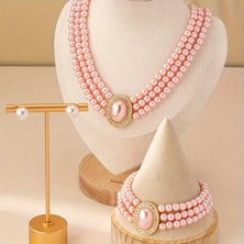 Moresun Çok Katmanlı Kolye Seti Şık Açık Pembe Set