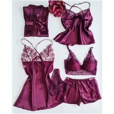 Çeyize Dair Herşey Mürdüm 6 Lı Sabahlıklı Soft Saten Çeyiz Seti