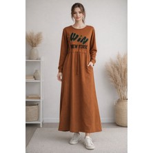 Miskoza Kadın  Uzun Elbise Win New York Baskılı Uzun Kollu Günlük Elbise