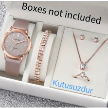 6 Parça Şık Kuvars Kadın Saati Yüzük Bileklik Küpe Kolye Seti Kutusuzdur