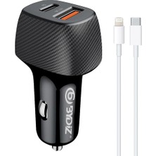 Bydiz BY-38L Hızlı Araç Şarj Cihazı 38W Araba Çakmaklık Şarj Aleti + Lightning Kablo USB + Pd Girişli 14/13/12/12 Pro Max/11/xs Max/xr/x,airpods Pro