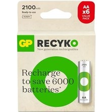 Gp Batteries Recyko 2100 Aa Kalem Ni-Mh Şarjlı Pil, 1.2 Volt, 6'lı Kart