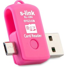 S-Link SL-U94 USB To Mikro 5 Pin + Kart Okuyucu Otg Çevirici, Pembe