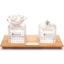 Masif Ahşap Tepsili Kristal Şişe Yasemin Sandal Oda Kokusu ve Kandil Seti