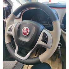 Detay Deri Direksiyon   Direksiyon Kılıfı Fiat Doblo -Fiorino 2015 Sonrası Bej Siyah Kombin Bej Dikiş