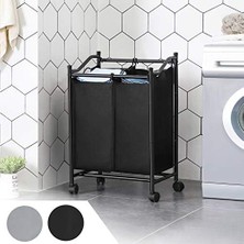 Çamaşır Ayırıcı, Tekerlekli ve 2 Bölmeli, Çamaşır Sepeti, Çıkarılabilir Çantalı Çamaşır Arabası, Toplam Kapasite 90 L, Siyah, LSF002BK