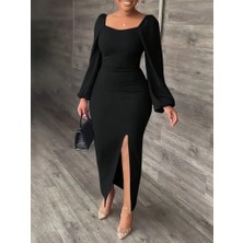 Passense Kadın Uzun Kollu Geometrik Yakalı Yandan Yırtmaçlı Uzun Janjan Krep Elbise