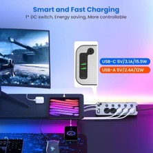Bağımsız Anahtarlı 5'li Işıklı Akım Korumalı Çoklu Priz, 2x USB - 2x Type-C Giriş, Metal Ön Panel