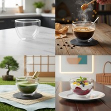1 Adet Çift Cidarlı Borosilikat Cam Kase (250 Ml) - Isı Yalıtımlı, El Yakmayan Şeffaf Servis Kasesi | 9x7.5 cm | Tatlı, Yoğurt, Çorba Kasesi