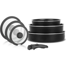 All-In-One Titanium 7 Parça Set: 20-24CM DERIN&26CM Sığ Tencere 20-24-26CM Cam Kapak 1 Adet Özel Sap