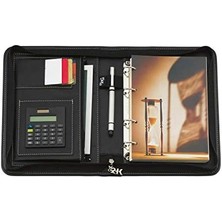 2k 5280 Ajanda Tarihsiz Kareli Deri Fermuarlı 4 Halka Mekanizmalı Hesap Makineli Organizer, Siyah, 21X27 Cm.