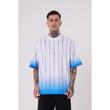 Erkek Striped Machinist Baskılı Oversize Tişört Beyaz-Açık Mavi