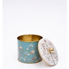 Evle- Desenli Yuvarlak Metal Saklama Kabı, Erzak Saklama Kabı - Organizer Kutu 14 cm x 12,5 cm (Blue)
