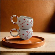 Özel Kabartmalı Kalp ve Papatya Desenli 2 Li El Yapımı Çay Kahve Seramik Kupa