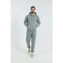 Gri Erkek 3 Iplik Içi Pamuklu Kanguru Eşofman Takımı Kışlık Yumuşacık Dokulu Polarlı Yünlü