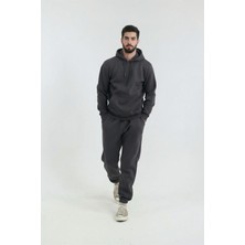 Füme Erkek 3 Iplik Içi Pamuklu Kanguru Eşofman Takımı Kışlık Yumuşacık Dokulu Polarlı Yünlü