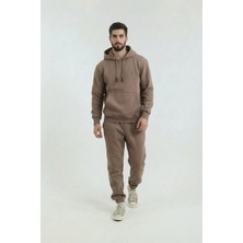 Kahverengi Erkek 3 Iplik Içi Pamuklu Kanguru Eşofman Takımı Kışlık Yumuşacık Dokulu Polarlı Yünlü