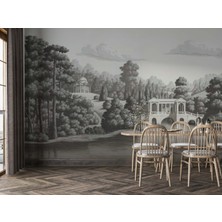 Grown Siyah Beyaz Kalem Çizimi Göl Kenarında Klasik Mimari Duvar Kağıdı