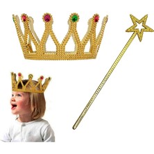 Soi Home Çocuk Boy Kraliçe Prenses Tacı ve Yıldız Peri Asası Altın Renk