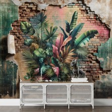 Grown 3D Taş Duvar ve Tropikal Yapraklı Duvar Kağıdı