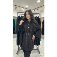 Ribana Classic Kadın Siyah Kemerli Nakışlı Gold Düğme Detaylı Kaşe Pelerin Panço Kaban D99775