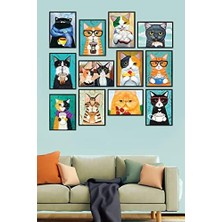 Kedi Tablo Seti 12 Parça Çerçenane Görüntülü Kedili Mdf Tablo Seti Manani, , Mavi, Tek Ebat