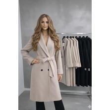 Ribana Classic Kuşaklı Yeni Sezon Astarlı Premium Kalite Rahat Kalıp Kadın Kruvaze Yaka Kaşe Kaban D99581