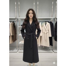 Ribana Classic Kuşaklı Yeni Sezon Astarlı Premium Kalite Rahat Kalıp Kadın Kruvaze Yaka Kaşe Kaban D99581