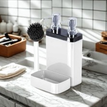 2’li Sıvı Sabun ve Bulaşık Deterjanı Dispenser Seti – Krom Kapaklı, Fırça ve Sünger Hazneli Şık Mutfak/banyo Organizer