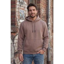 Kahverengi Erkek 3 Ip  Kapüşonlu Kanguru Cepli Sweat Polarlı Yünlü Yumuşak Puf Kumaş