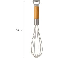 Ahşap Saplı Paslanmaz Çelik Çırpıcı – 2’si 1 Arada Mutfak Aleti, Yumurta Çırpıcı ve Şişe Açacak, 35 cm Ergonomik Tasarım, Dayanıklı Tel Karıştırıcı
