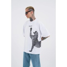 Machinist Erkek Leopard Baskılı Oversize Tişört Beyaz