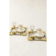 Yzhome 2 Kişilik Porselen Platin Gold Fincan Takımı 2 Li Metal Sunum Tepsi 2 Porselen Lokumluk Cam Bardak