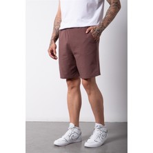 Machinist Clothing Basic Yıkamalı Pamuklu Kumaş Bel Lastikli 3 Cepli Şort Mürdüm