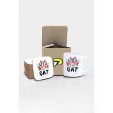 Life Is With A Cat Yazılı Tipografik Kedi Tasarımlı Baskılı Kupa Bardak Seti, Eğlenceli Özel Hediye Mug
