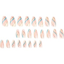 Simli Mavi Pembe Çizgili Badem Takma Tırnak Seti (24 Adet)