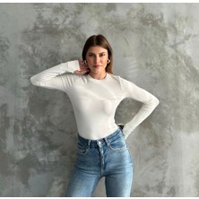 MEYMERS Kadın Beyaz Uzun Kollu Parmak Detaylı Basic Body