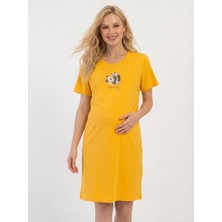 Cotonhause Kadın Kısa Kol Emzirme Kolaylıklı %100 Pamuk Hamile Lohusa Sarı Gecelik COT521231
