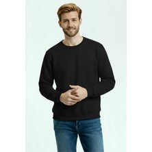 Siyah Erkek Sıfır Yaka 3 Iplik Sweatshirt Içi Polarlı Kışlık Kalın