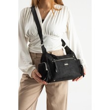 Asel Çanta,Süet siyah  Kadın Omuz ve Çapraz Askılı Çok Bölmeli Günlük Çanta