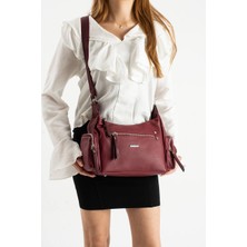 Asel Çanta,Bordo Kadın Omuz ve Çapraz Askılı Çok Bölmeli Günlük Çanta
