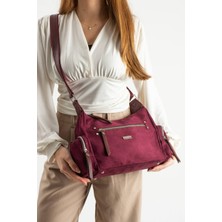 Asel Çanta ,Bordo süet Kadın Omuz ve Çapraz Askılı Çok Bölmeli Günlük Çanta