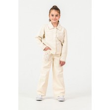 Miniğimin Cicileri Çiçek Aplikeli Kız Organik Kız Çocuk 3 Lü Ceketli Takım - Krem