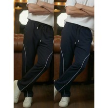Erkek 2'li Lacivert-Siyah Baggy Biyeli Oversize Relaxed 4 Mevsim Eşofman Altı Bol Paça 2 Iplik
