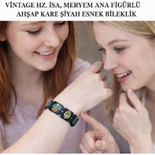 Vintage Hz. Isa, Meryem Ana Figürlü Ahşap Kare Siyah Esnek Bileklik