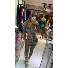 Pink Life Leopar Desenli Kadife Maksi Tulum