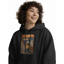 Muhtar Store Çığlık Kedisi Baskılı Siyah Hoodie | Unisex %100 Pamuk Kapüşonlu Sweatshirt